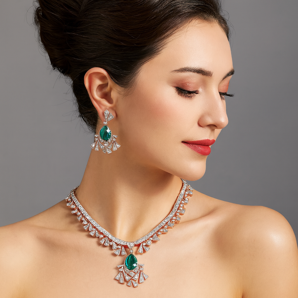Luxury Green Zircon Necklace & Drop Earrings Set AAA Designer Jewelry for Women | Wedding & Evening Dress Accessories