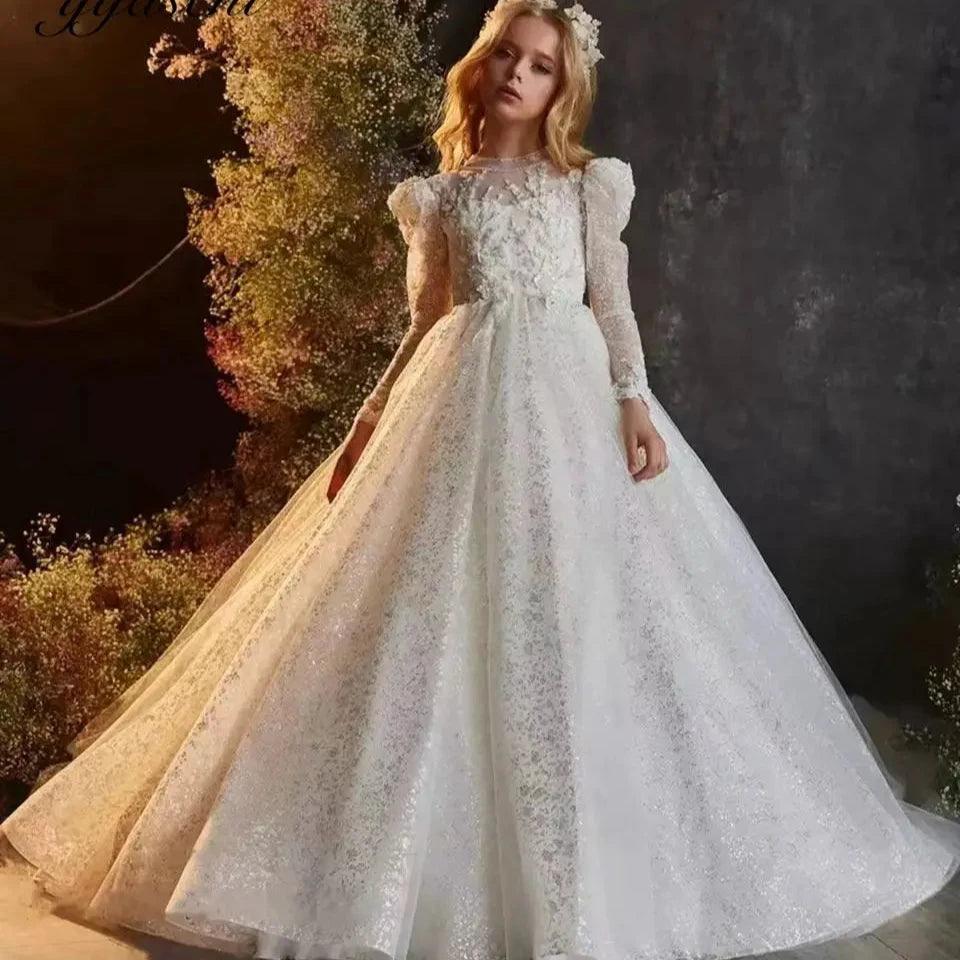 Luxury Long Sleeve Tulle Flower Girl Dress with Beaded Appliqué – Perfect for Weddings, Birthdays, Communion, and Special Occasions