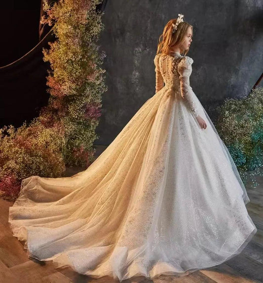Luxury Long Sleeve Tulle Flower Girl Dress with Beaded Appliqué – Perfect for Weddings, Birthdays, Communion, and Special Occasions - HER SHOP®