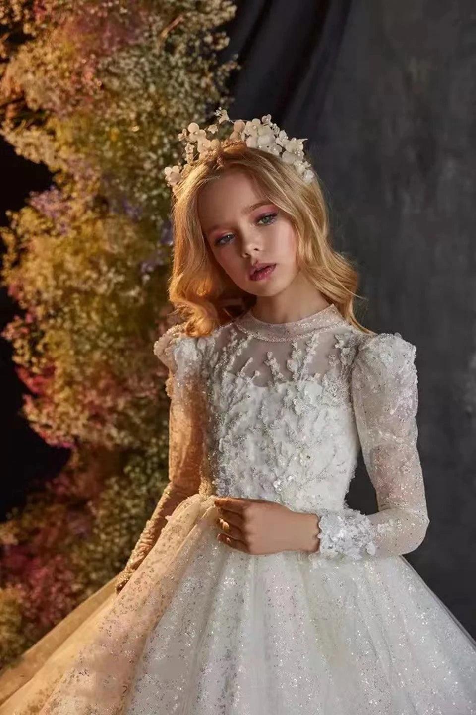 Luxury Long Sleeve Tulle Flower Girl Dress with Beaded Appliqué – Perfect for Weddings, Birthdays, Communion, and Special Occasions