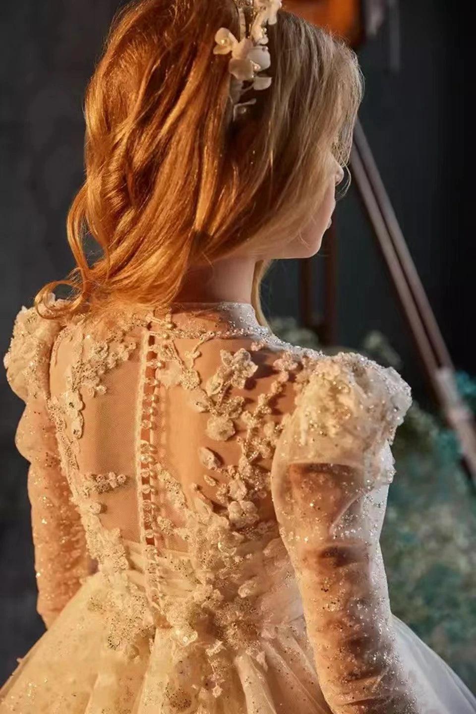 Luxury Long Sleeve Tulle Flower Girl Dress with Beaded Appliqué – Perfect for Weddings, Birthdays, Communion, and Special Occasions