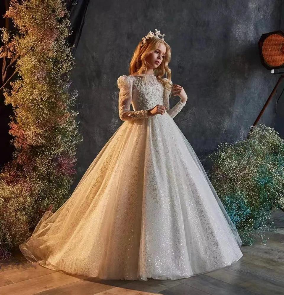Luxury Long Sleeve Tulle Flower Girl Dress with Beaded Appliqué – Perfect for Weddings, Birthdays, Communion, and Special Occasions