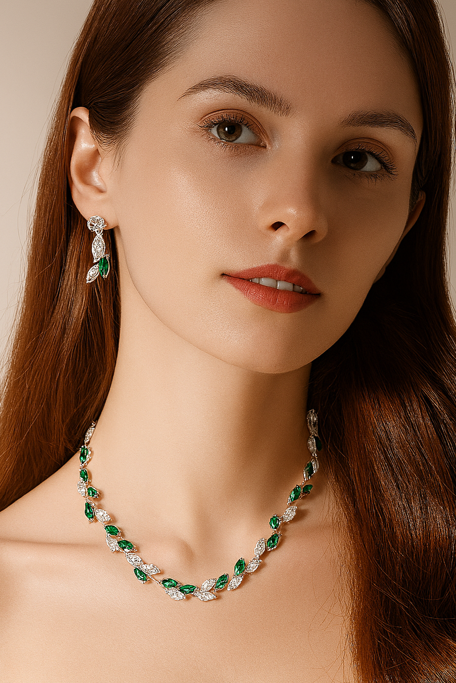 Luxury Marquise-Cut Moissanite Bridal Set - Leaf-Shaped Emerald Imitation Choker Necklace and Earrings for Wedding Parties