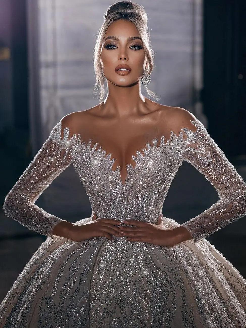 Luxury Strapless Princess Wedding Gown with Beaded Illusion Sleeves and Deep V-Neck