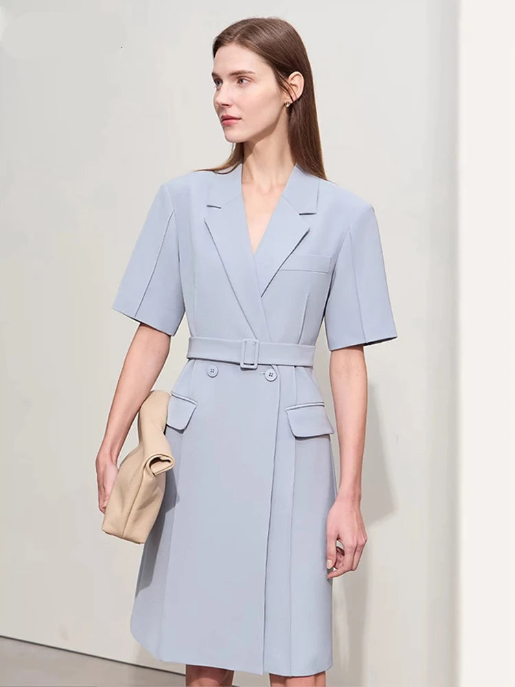 Minimalist Blazer Dress for Women - Spring New, Turn-Down Collar, Belted, Short-Sleeve Toothpick Pleated Dress