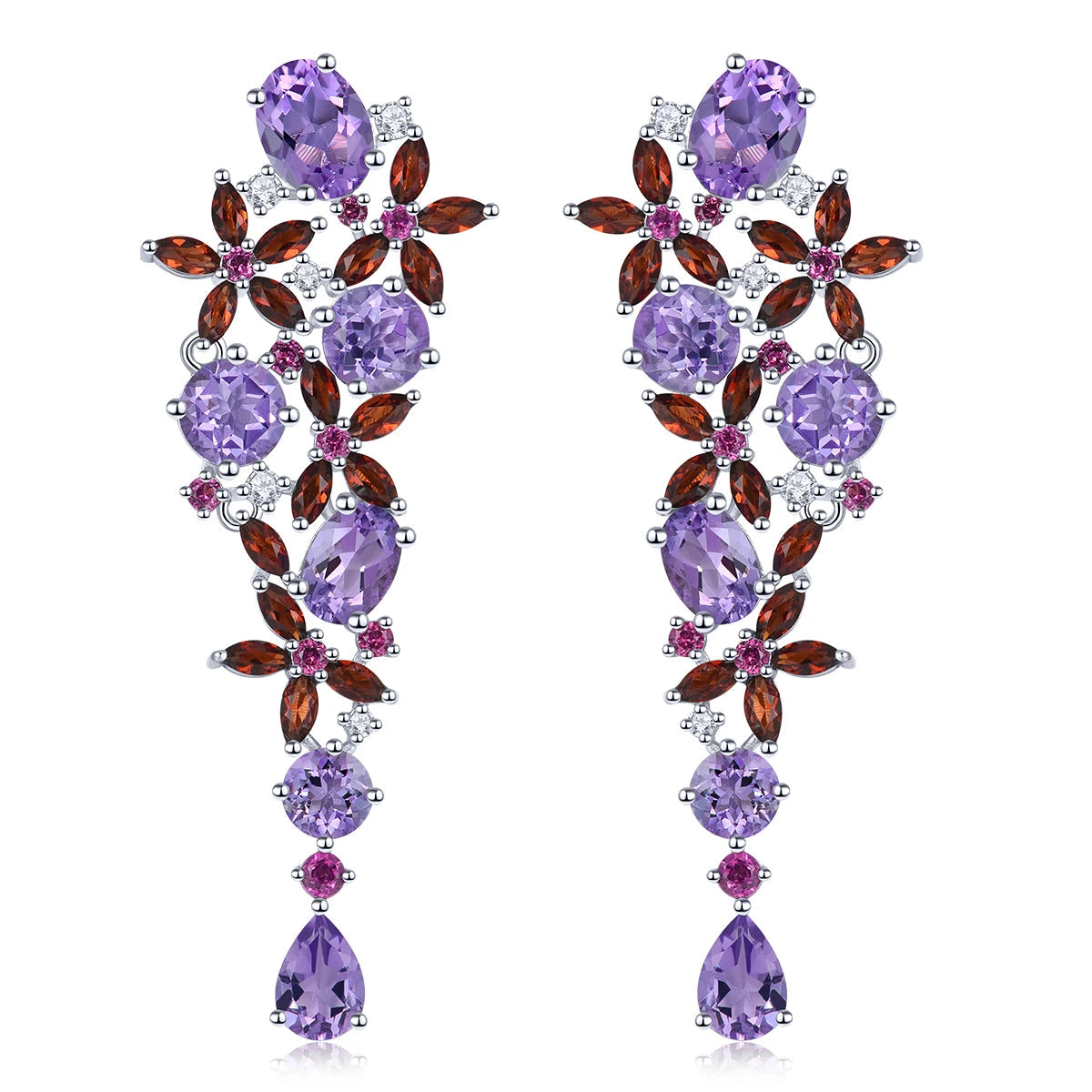 Natural Amethyst & Garnet Sterling Silver Drop Earrings 13.8 Carat Multicolor Gemstone Fine Jewelry for Engagement