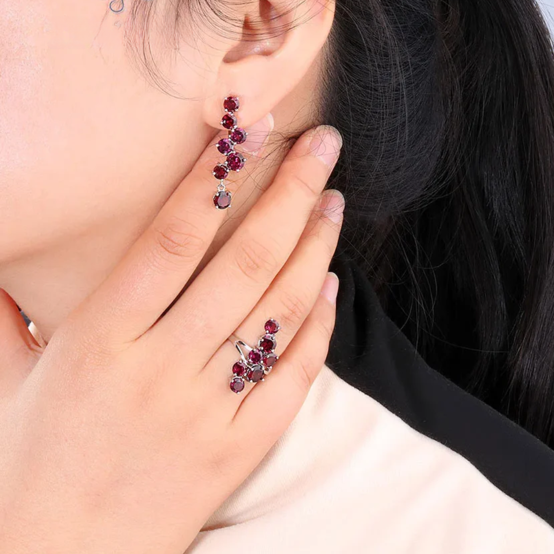 Elegant Rhodolite Garnet Ring and Earrings Set | 925 Sterling Silver Fine Jewelry | Perfect Gift for Women
