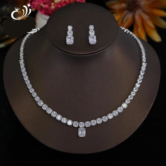 New 2025 Round Cut CZ Crystal Bridal Jewelry Set – Necklace & Earrings for Wedding, Banquet, Prom - HER SHOP®