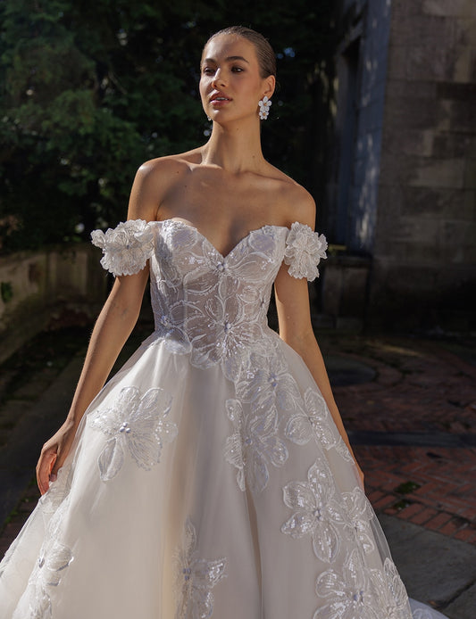 Off Shoulder Ball Gown Wedding Dress Floral Sequin Appliqués Illusion Corset Bodice - HER SHOP