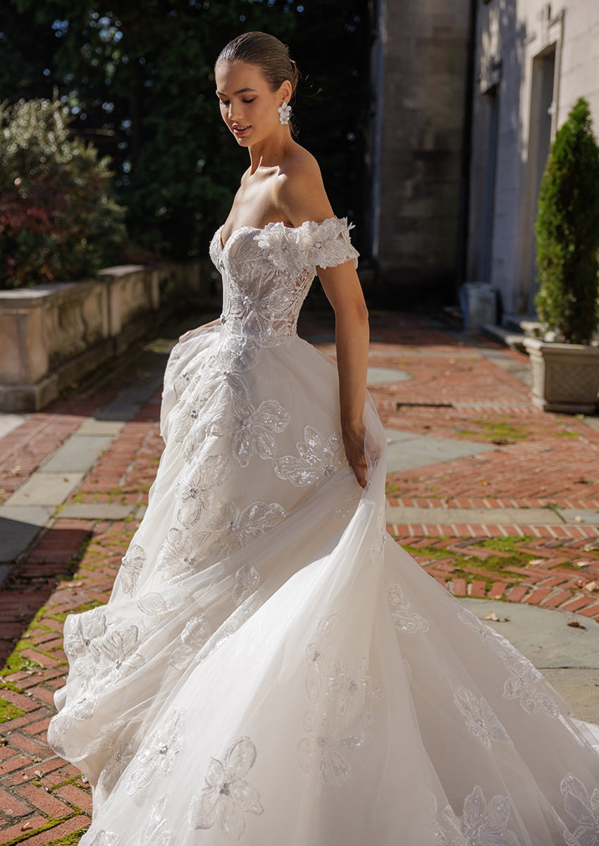 Off Shoulder Ball Gown Wedding Dress Floral Sequin Appliqués Illusion Corset Bodice