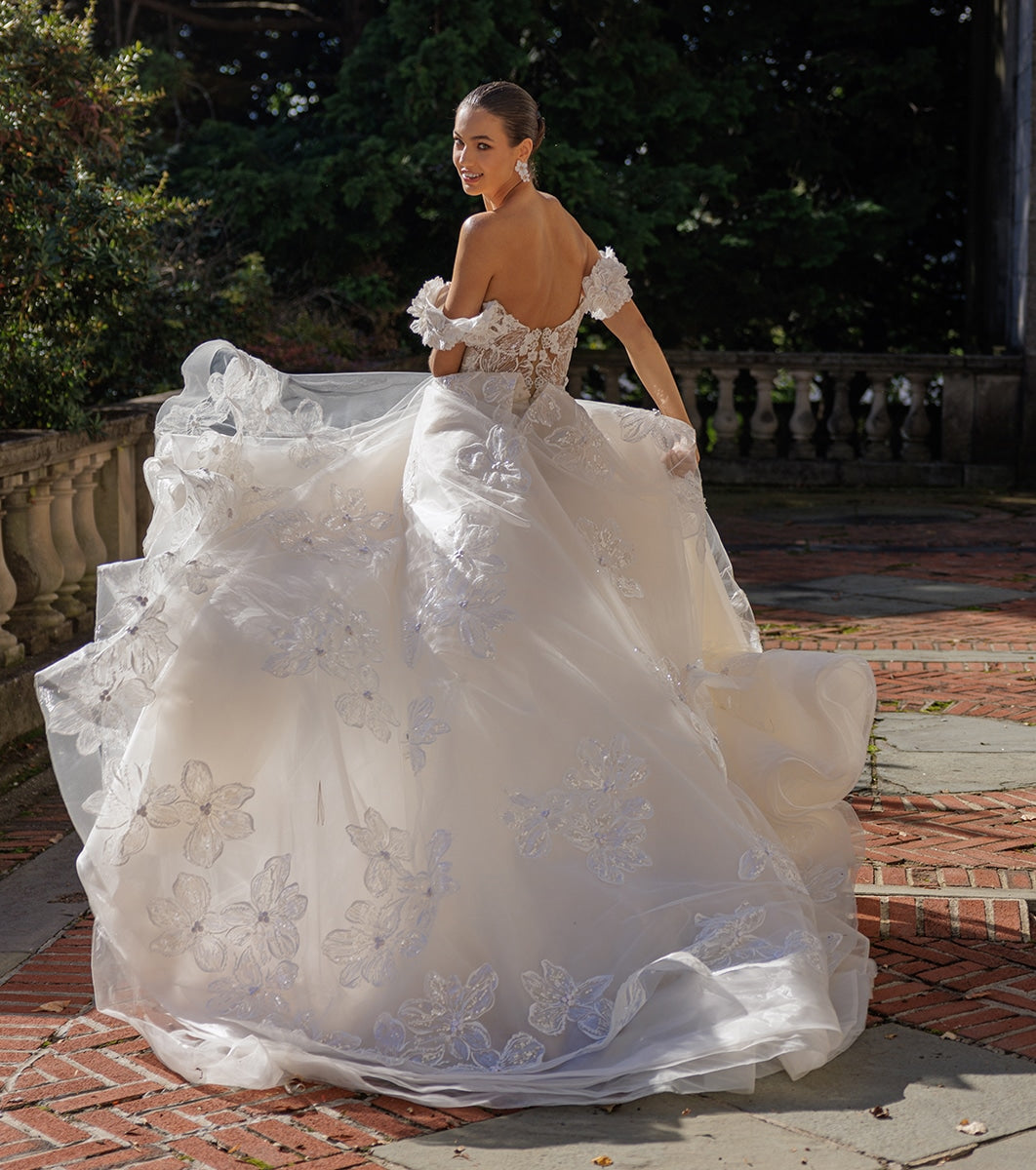 Off Shoulder Ball Gown Wedding Dress Floral Sequin Appliqués Illusion Corset Bodice