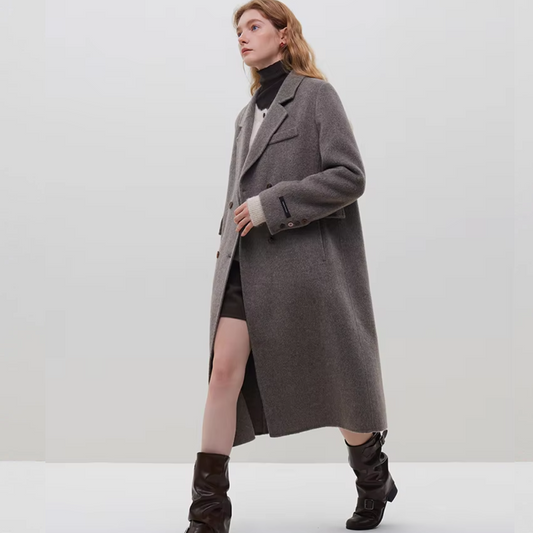 Her Shop 100% Wool Dark Grey Winter Mid-Length Straight Wool Coat - Simple Notched Collar, Temperament Shoulder Design - HER SHOP