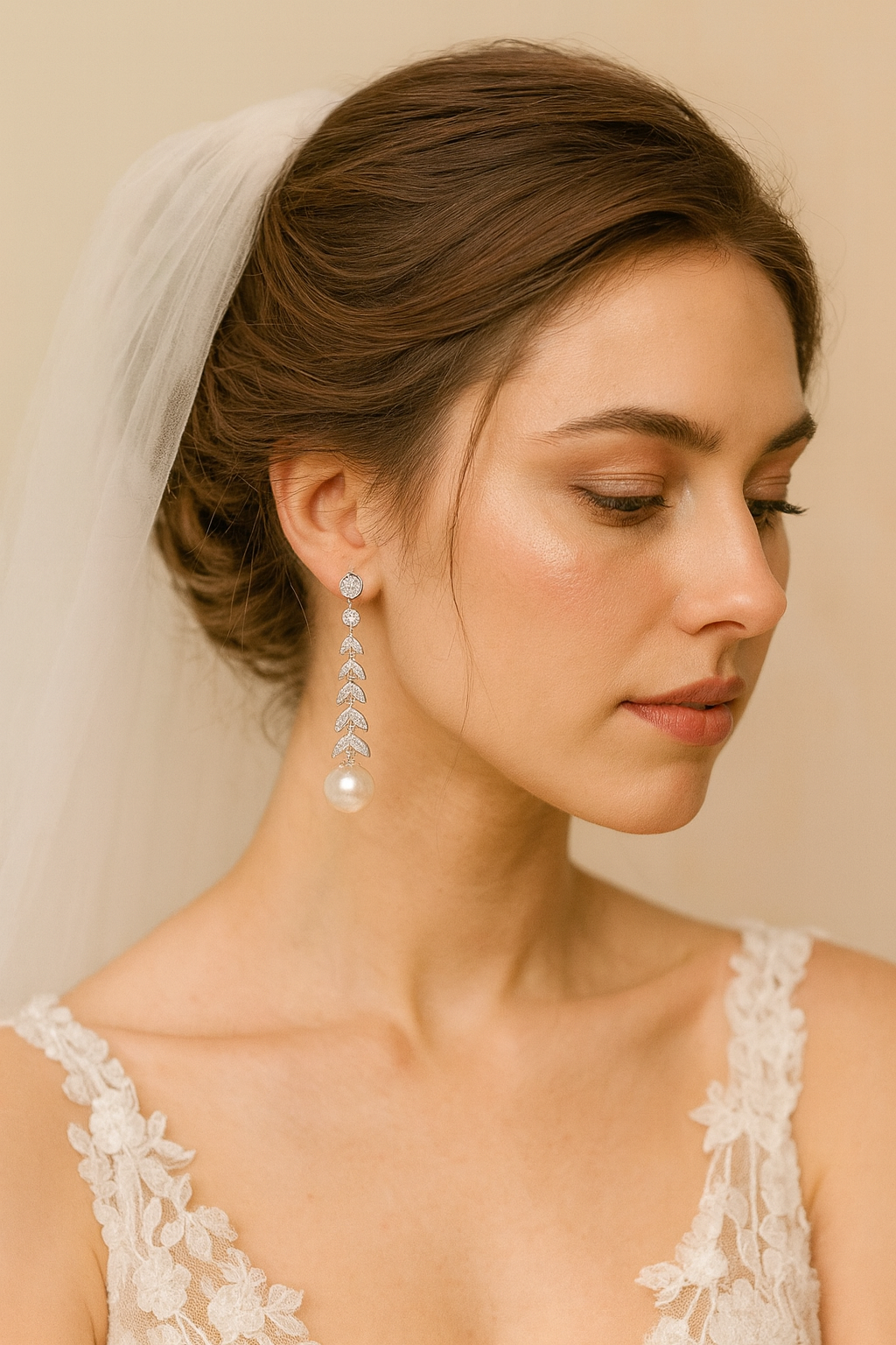 Silver earrings with pearls and crystals on a White background, featuring the brand 'TYL'.