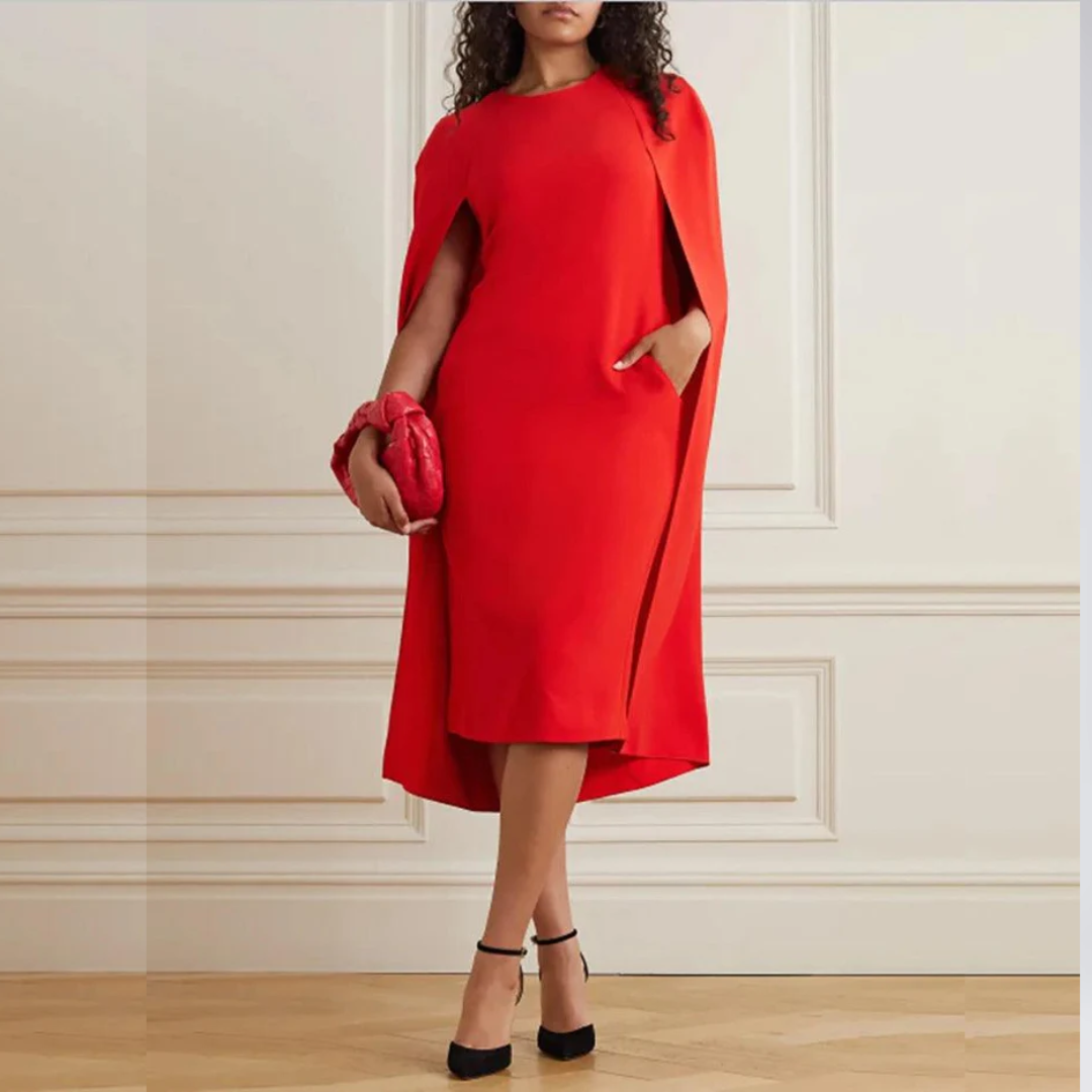 Chic Red O-Neck Evening Dress with Cape Sleeves - HER SHOP