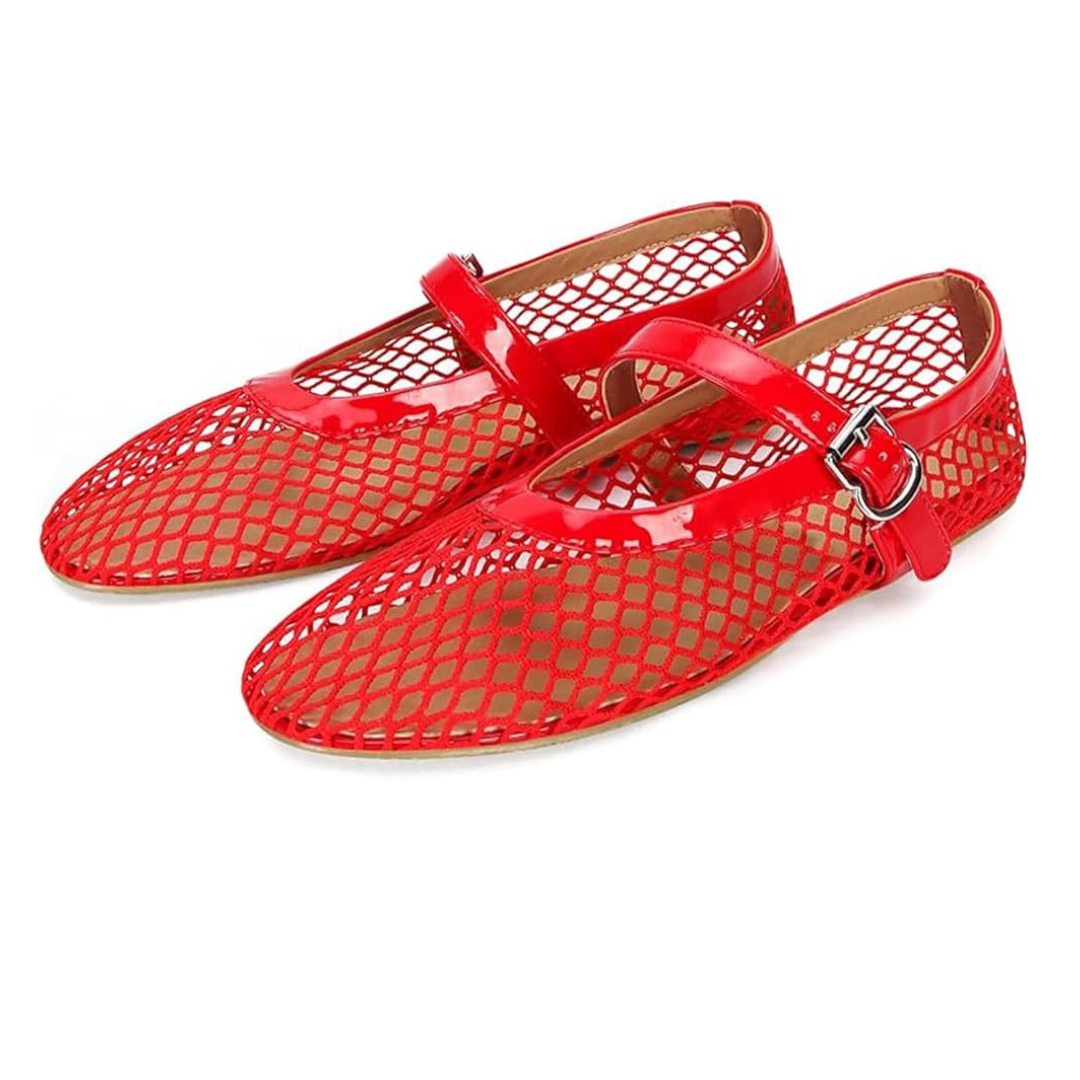 Red mesh sandals with a buckle on a white background