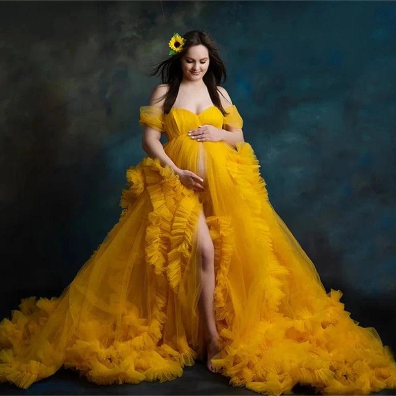 Ruffled Tulle Maternity Dress for Photoshoot - Puffy Mesh Sweetheart, Short Sleeves, Custom Made Prom Gown