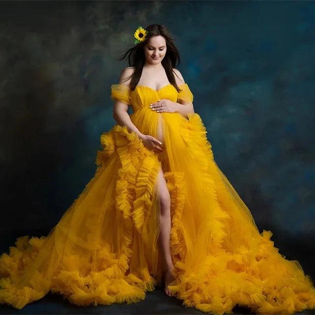 Ruffled Tulle Maternity Dress for Photoshoot - Puffy Mesh Sweetheart, Short Sleeves, Custom Made Prom Gown