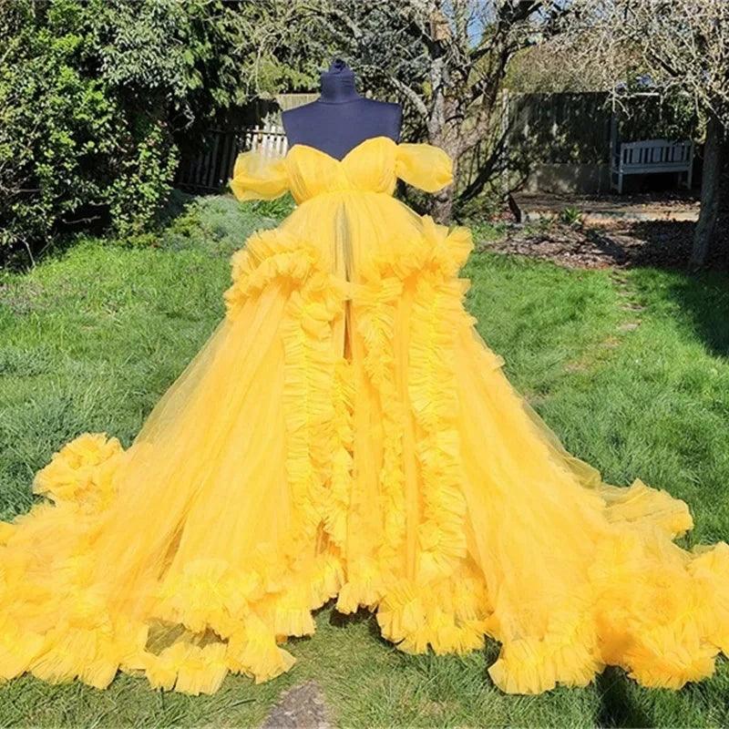 Ruffled Tulle Maternity Dress for Photoshoot - Puffy Mesh Sweetheart, Short Sleeves, Custom Made Prom Gown