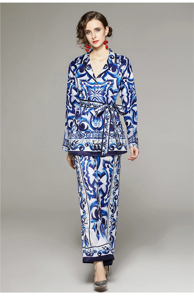 Gizelle High Street Runway Floral Print Notched Collar Blouse & Wide Leg Pants Fashion 2 Pieces Sets Women Chic Designer Outfits