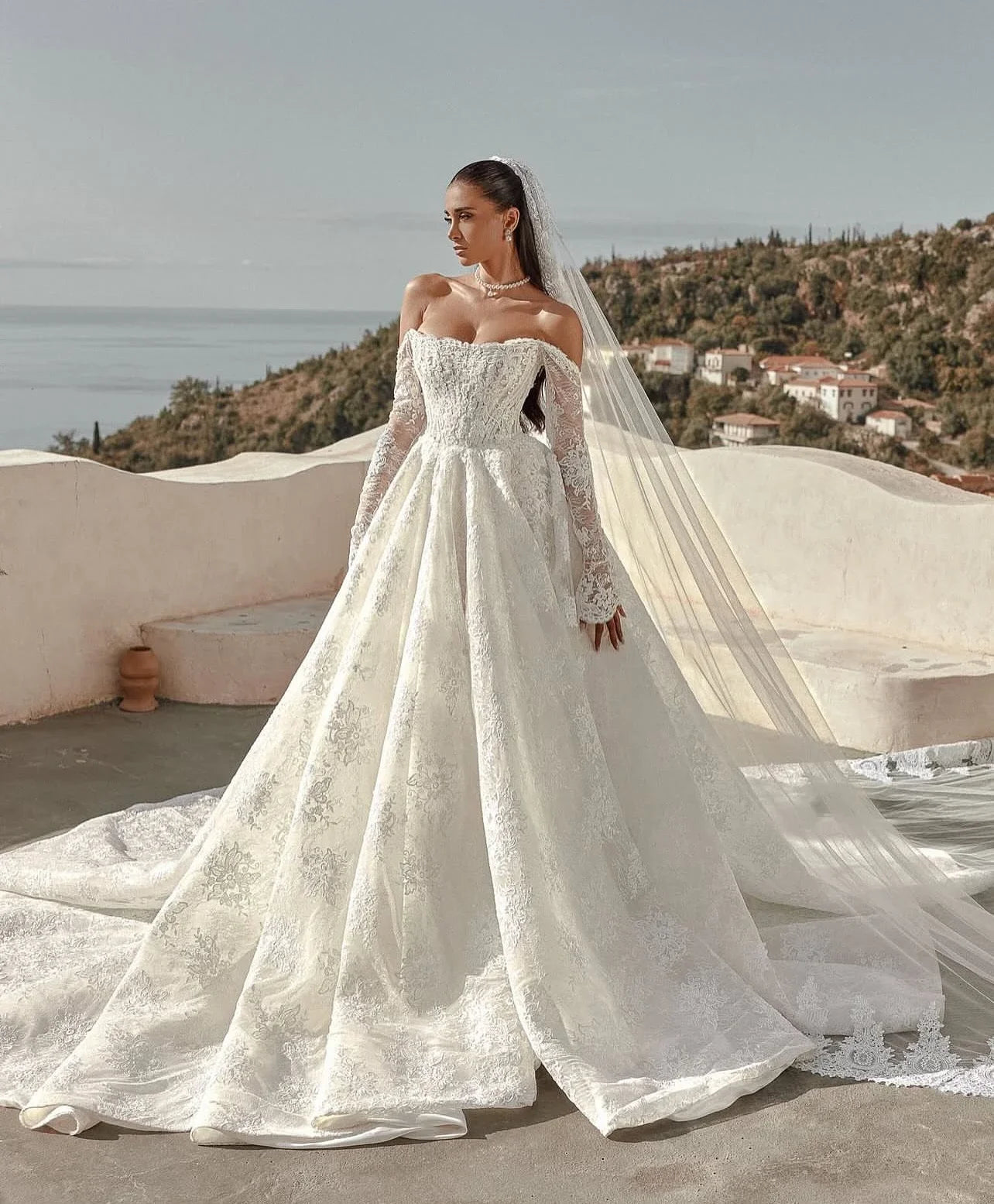Customized Lace Wedding Dress Long Sleeve Off-Shoulder Princess Ball Gown Bridal Gown