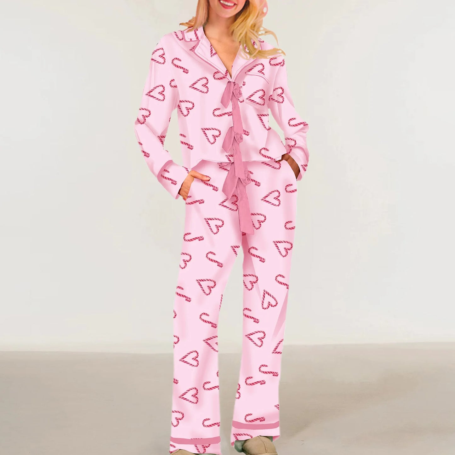 Mommy and Me Matching 2Piece Bow/Heart Print Pajamas Set Tie Front Long Sleeve Lapel Neck Tops+ Pants Family Matching Sleepwear