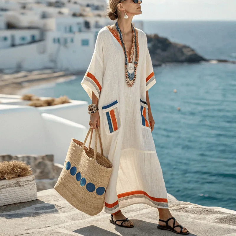 Elegant Bohemian Maxi Dress – Summer V-Neck Short Sleeve Casual Vacation Dress with Pockets for Women