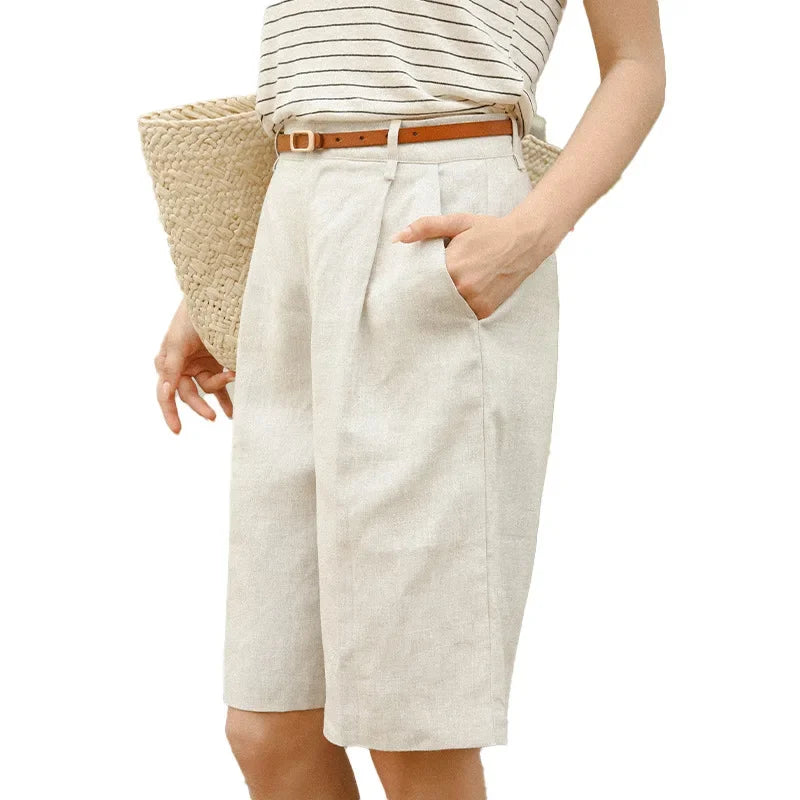 100% Linen High Waist Shorts for Women – Solid Color Knee-Length Summer Pants | Casual Streetwear Sale | Pantalones Mujer Verano