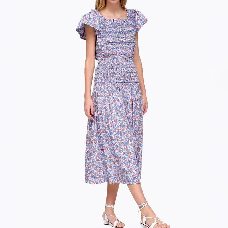 2026 Summer Retro Floral Square Neck Puff Sleeve Top, Skirt, and Dress for Women