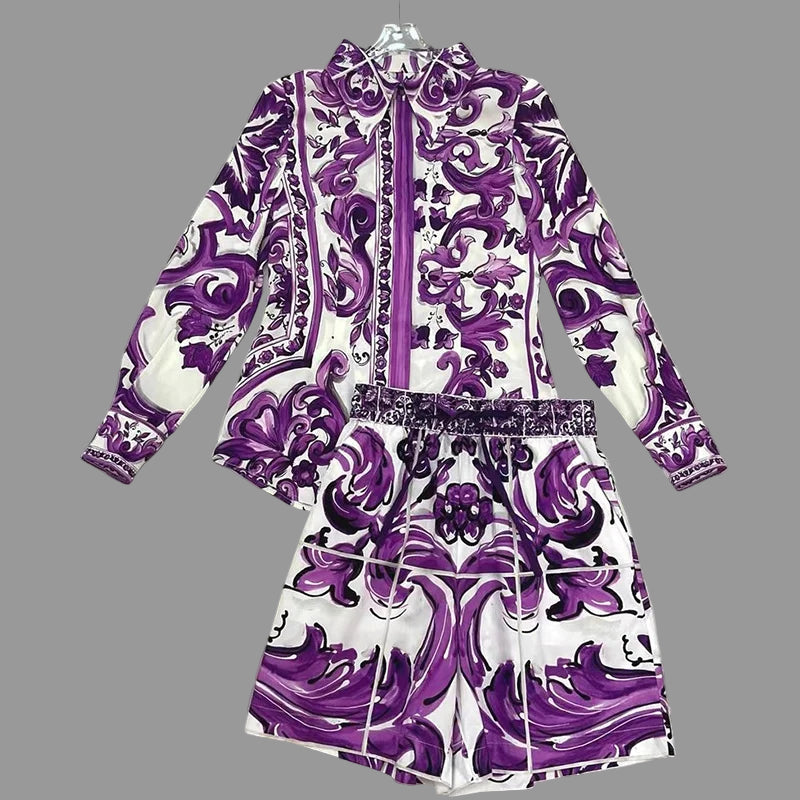 Purple and white patterned outfit on a gray surface with 'Seifrmann' branding.