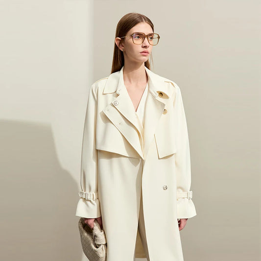 Minimalist Women's Trench Coat – Classic Long Loose Fit with Belt and Lapel Collar, Streetwear Jacket for Ladies - HER SHOP
