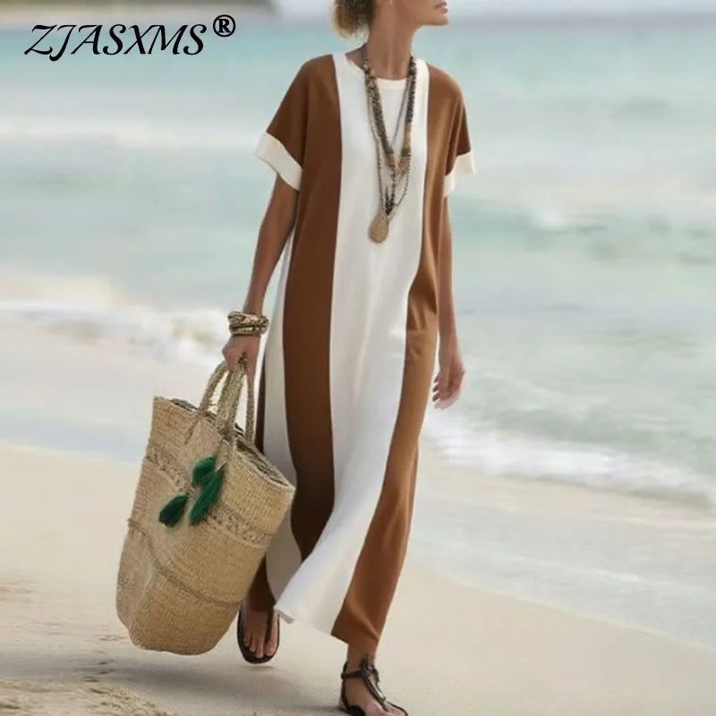 Elegant Retro Contrast Color Boho Maxi Dress – O-Neck, Short Sleeve, Loose Fit, Side Slit Long Dress for Women, Spring/Summer Vacation Style