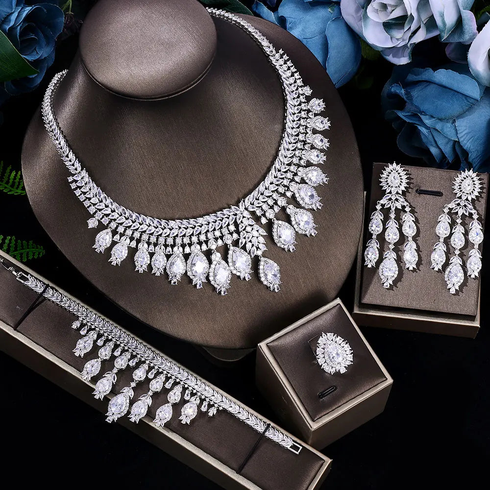 Luxury 4-Piece Bridal Wedding Jewelry Set | 3A Zircon Crystal Necklace Set | Dubai-Inspired Hot Selling Jewelry