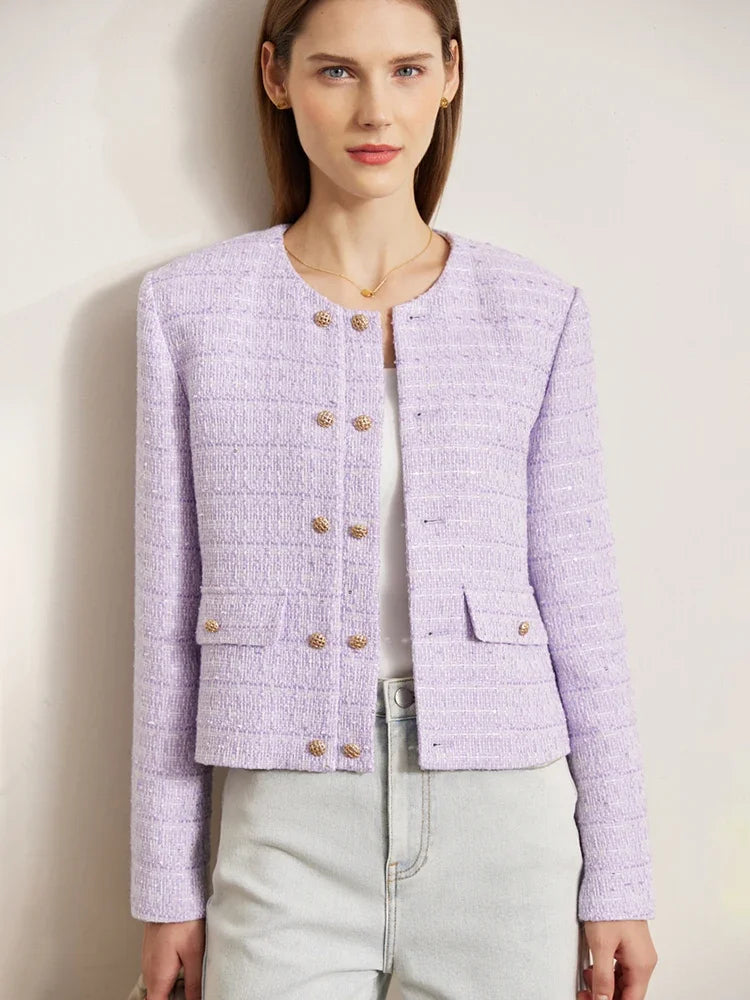 Minimalist Women's Jacket - Spring Collection, Elegant Round Neck, Straight Shoulder, Light Tuxedo-Style Short Coat