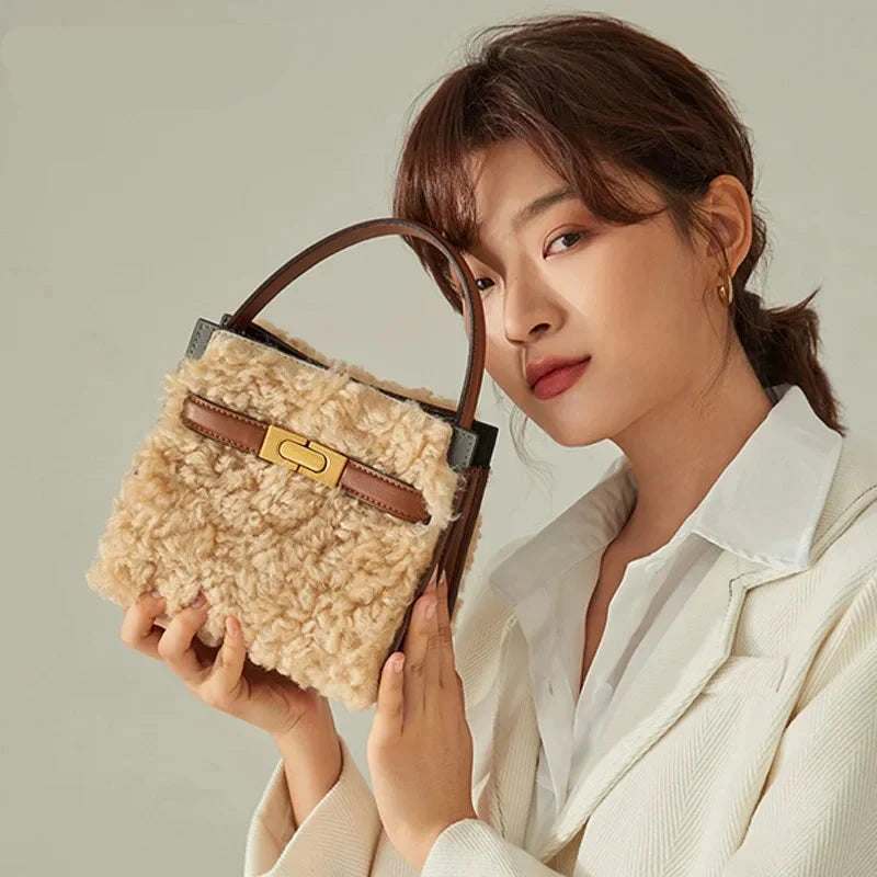 2025 Winter Fashion Women's Handbag — Fluffy Wool Fur Lambswool Tote with Real Leather Flap, Small Shoulder Bag in Khaki