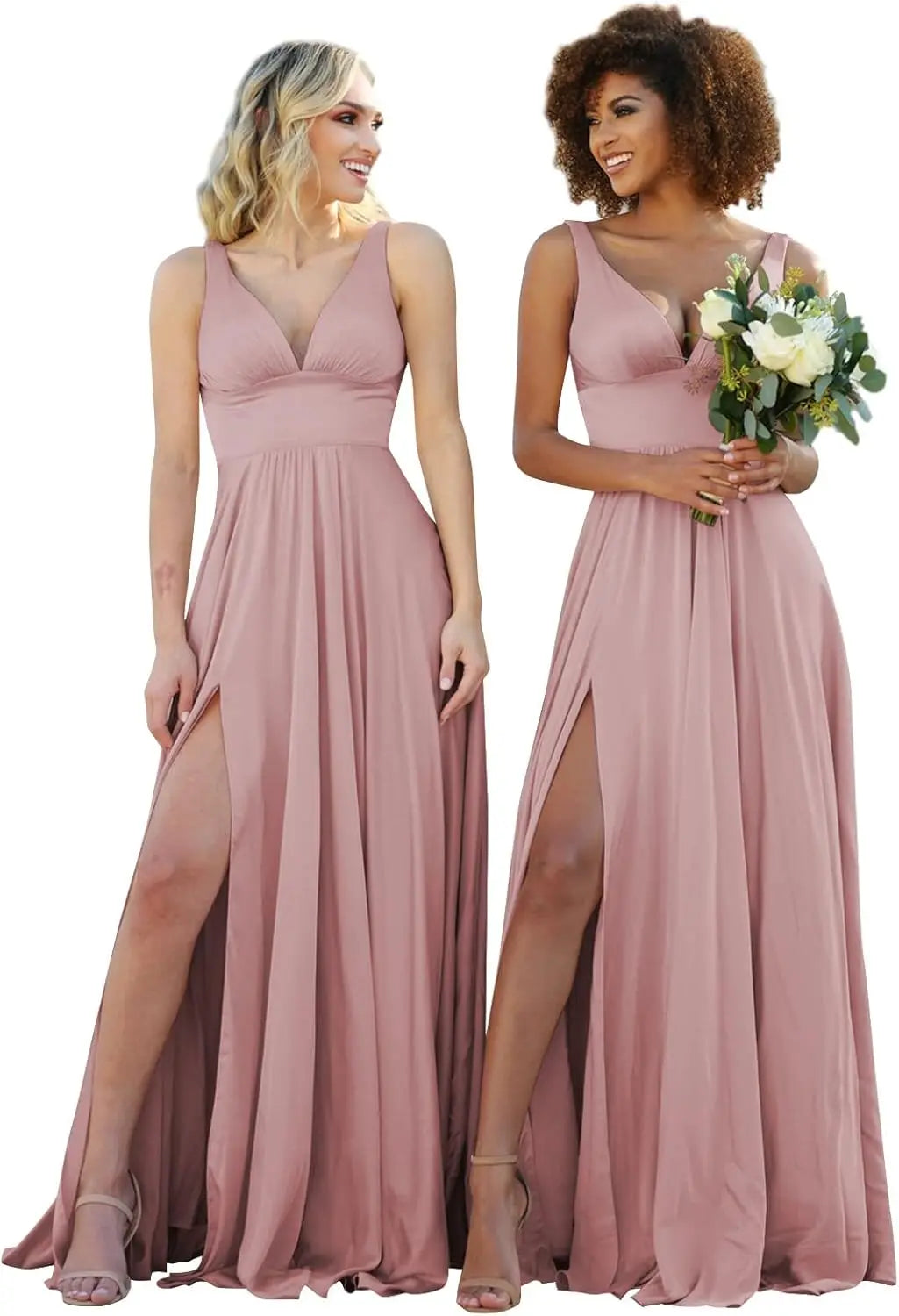 Champagne Gold Bridesmaid Dress – Elegant V-Neck Satin Chiffon Gown for Wedding, Prom & Formal Events