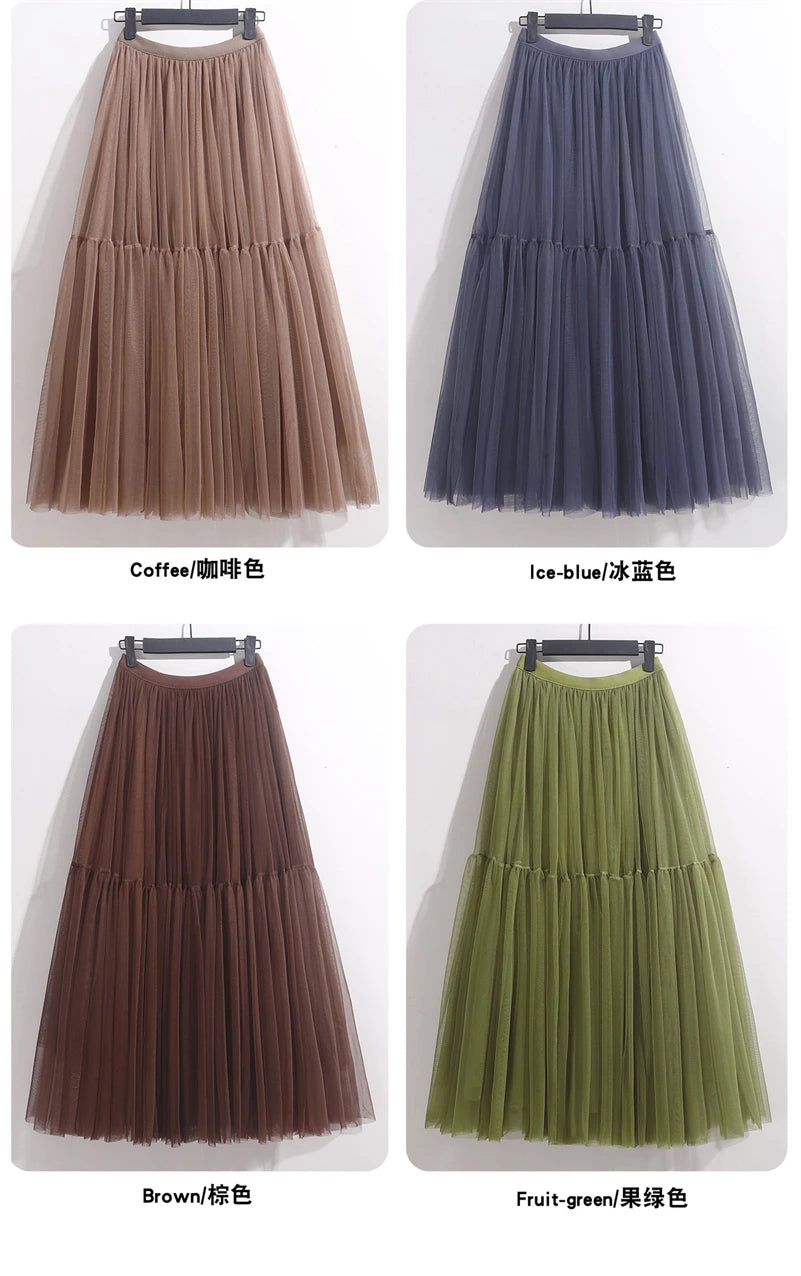 Elegant High Waist Tulle Skirt – Solid Color A-Line Mesh Tutu Skirt for Women