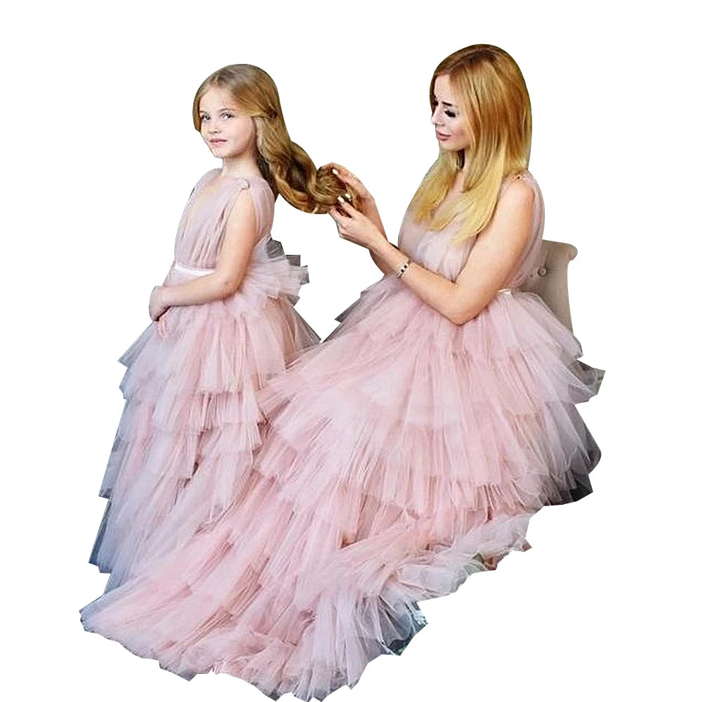 Elegant Pink Ruffled Mesh Tutu Dress for Mom and Daughter – Sleeveless Matching Outfits for Birthday Party, Prom, or Christmas Photoshoot