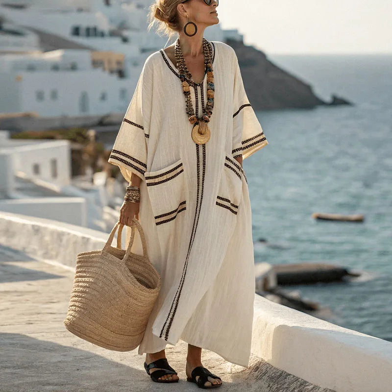 Elegant Bohemian Maxi Dress – Summer V-Neck Short Sleeve Casual Vacation Dress with Pockets for Women