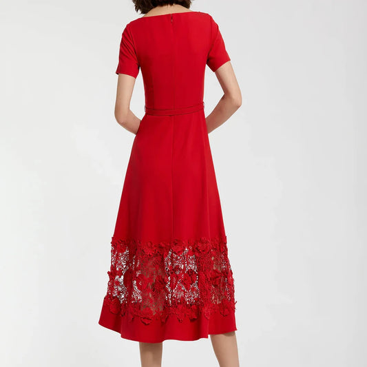 Women’s A-Line Tea-Length Scoop Neck Cocktail Dress with Floral Sash - HER SHOP®