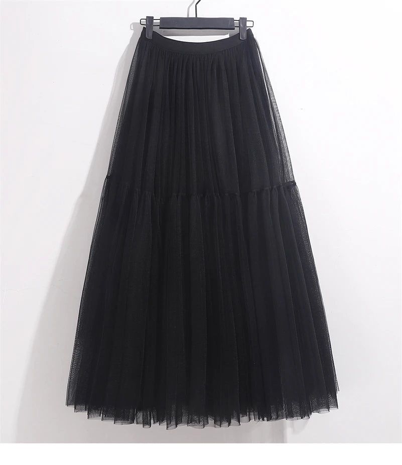 Elegant High Waist Tulle Skirt – Solid Color A-Line Mesh Tutu Skirt for Women