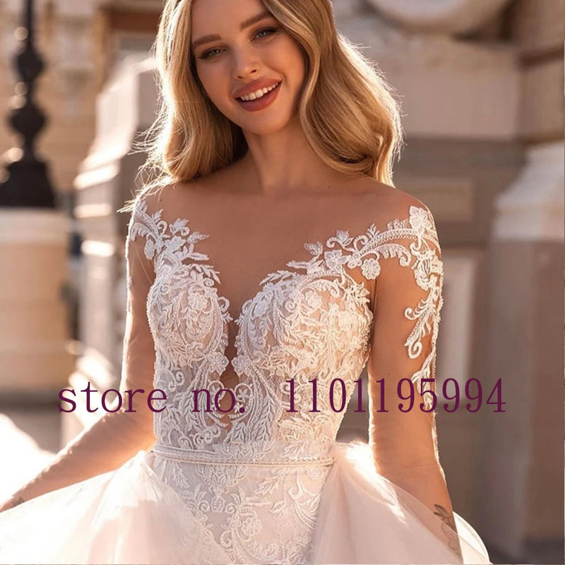 Lace Mermaid Wedding Dress with Detachable Ruffle Skirt - Button-Up Back, Long Sleeve 2-Piece Bridal Gown with Beading Detail
