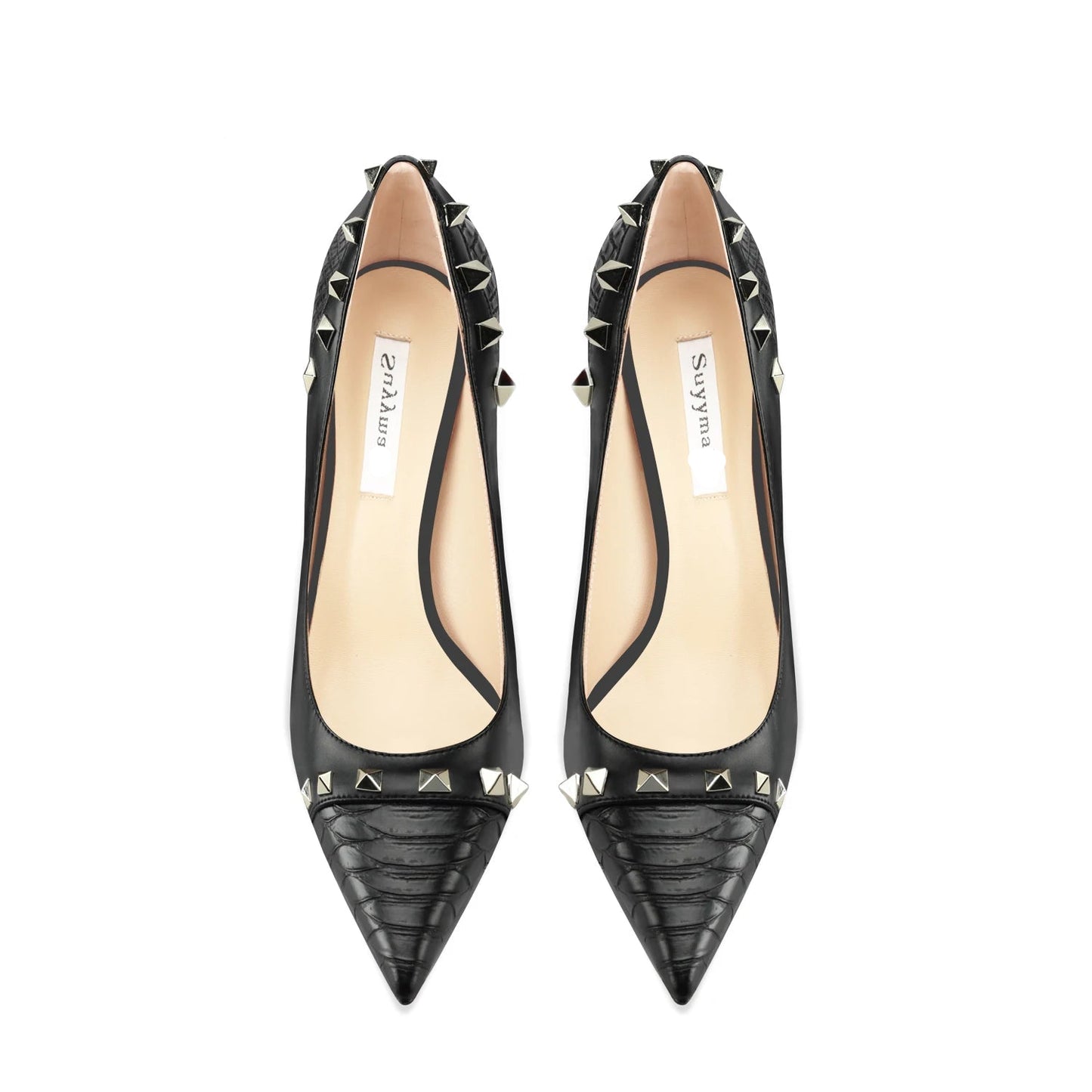 Black pointed-toe high heels with studded details on a white background