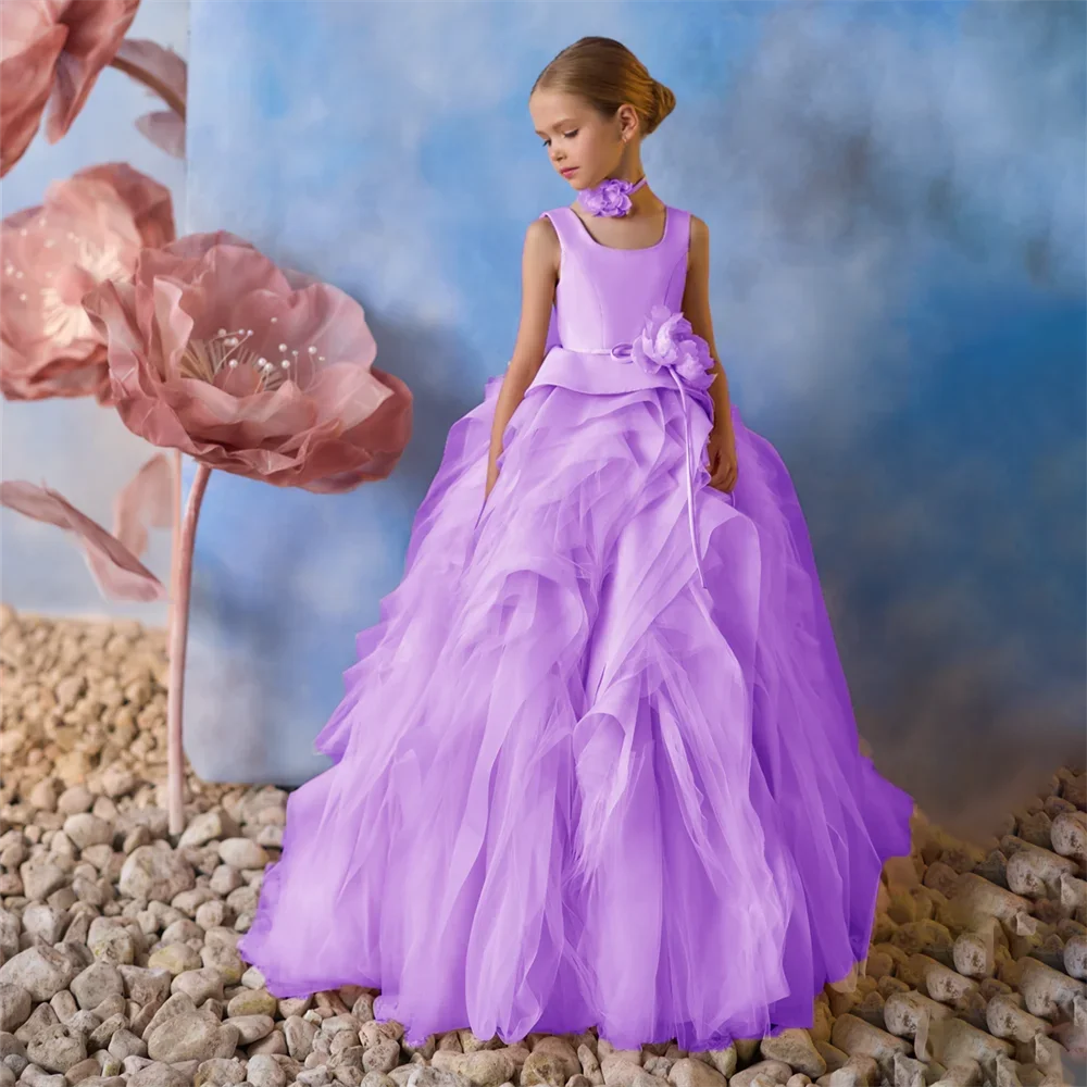 Flower Pleat Square Neck Sleeveless Communion Dress For Girl Floor Length Luxury Summer Sweep Train Wedding Party Gown New 2025