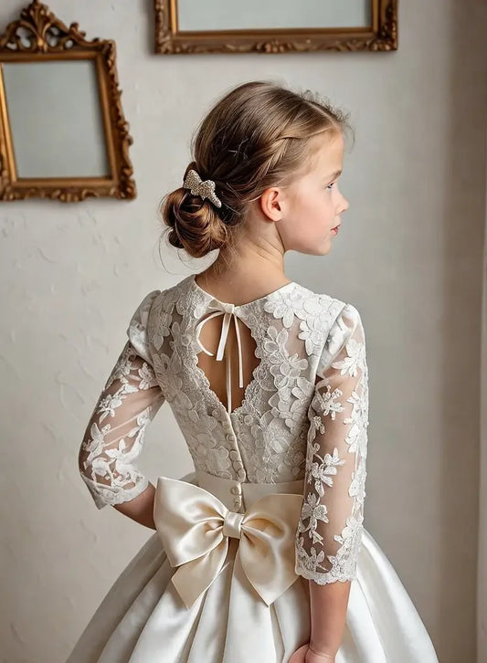 Elegant A-Line Flower Girl Dress Satin Lace Printing Idyllic First Communion Gowns Kids Girls Birthday Party Evening Gown - HER SHOP®