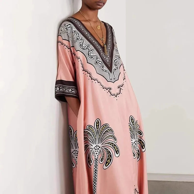 Vintage Bohemian Coconut Tree Print Dress – Autumn V-Neck Half Sleeve Loose Holiday Beach Dress for Women