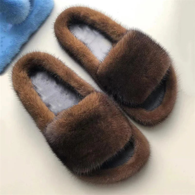 Luxury Real Mink Fur Slippers for Women – Summer Flat Slides with Plush Fur and Sheepskin Insole