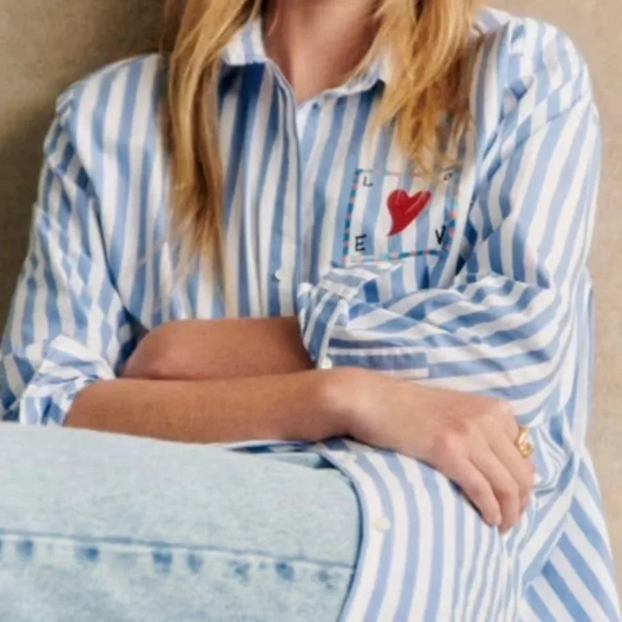 Early Spring Women's Striped Letters Love Lapel Buttoned Long Sleeve Top Shirt - HER SHOP