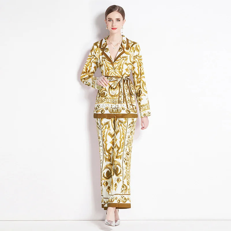 2025 Spring Yellow Floral Print Two-Piece Set – Long Sleeve Shirt with Waist-Cinching Slim Pants