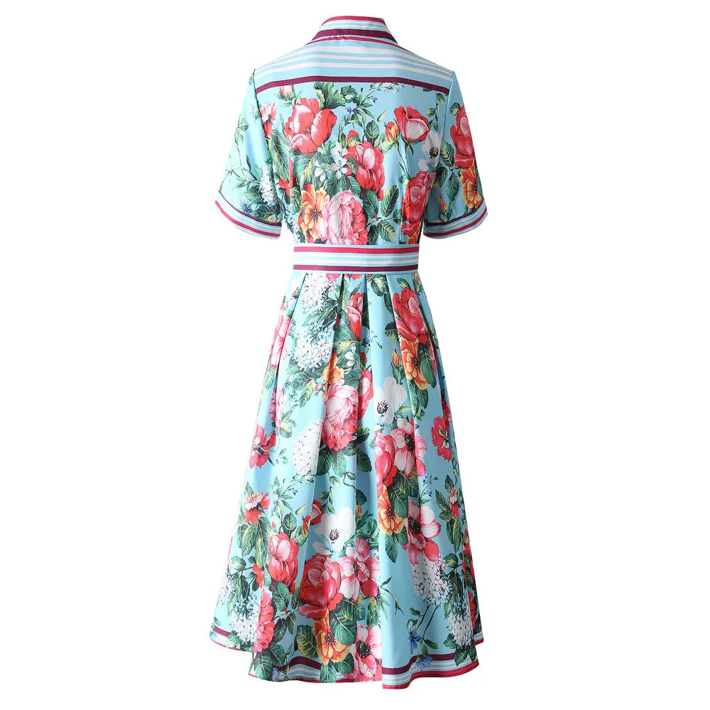 Women's Summer Floral Shirt Dress  -  2025 Runway-Inspired Midi with Lace-Up Waist | Casual Chic Short Sleeve Vestido