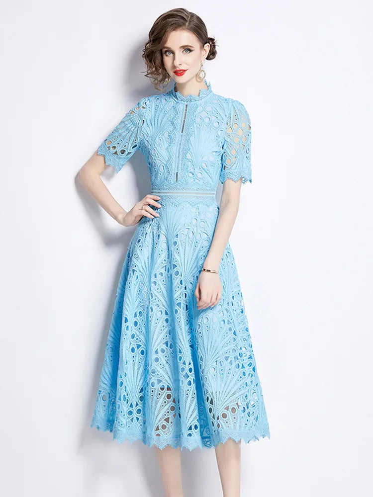 High-End Lace Hollow Out Summer Dress Women's Runway Embroidery Design Vintage Elegant Short Sleeve Dresses